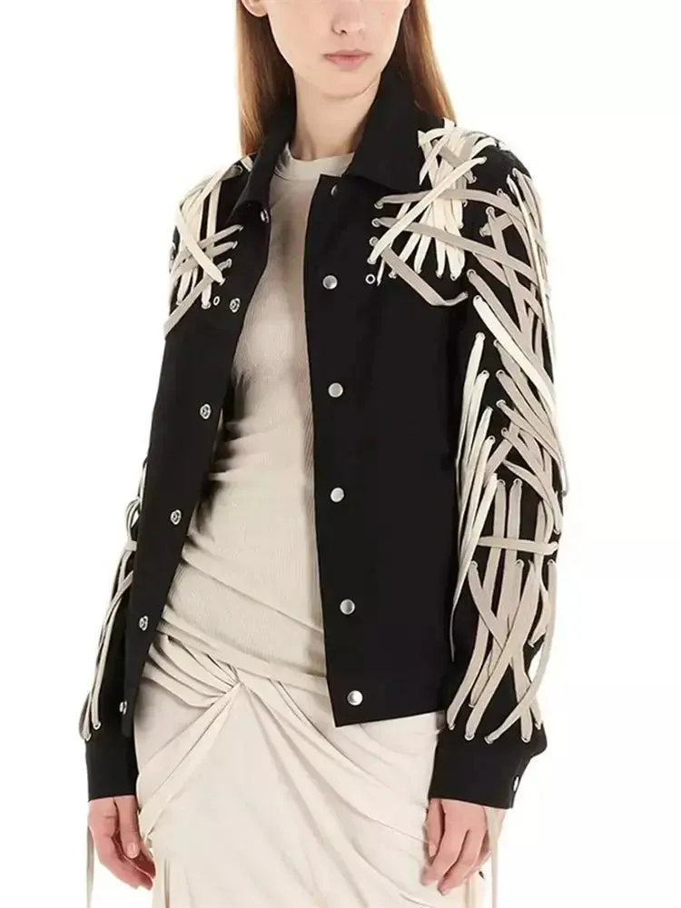 Women’s Black Cotton Jacket with Multi Lace-Up Detailing