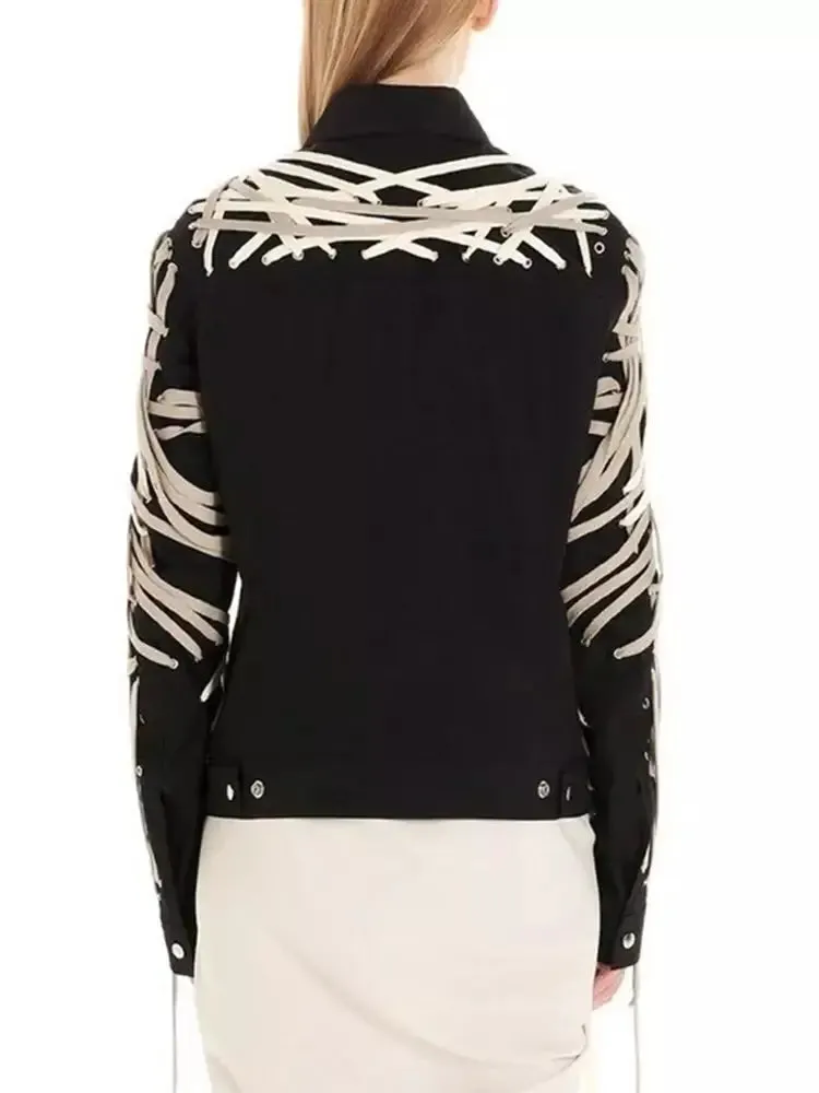 Women’s Black Cotton Jacket with Multi Lace-Up Detailing