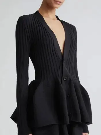 Women’s Black Ribbed Knit V-Neck Cardigan Sweater