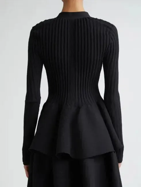 Women’s Black Ribbed Knit V-Neck Cardigan Sweater