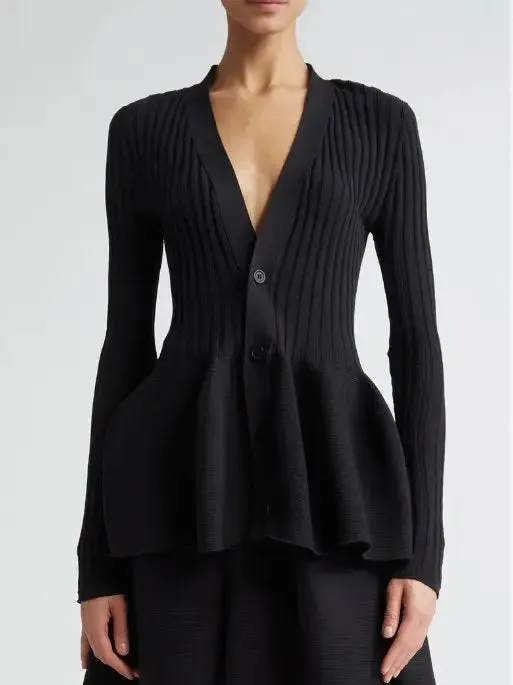 Women’s Black Ribbed Knit V-Neck Cardigan Sweater