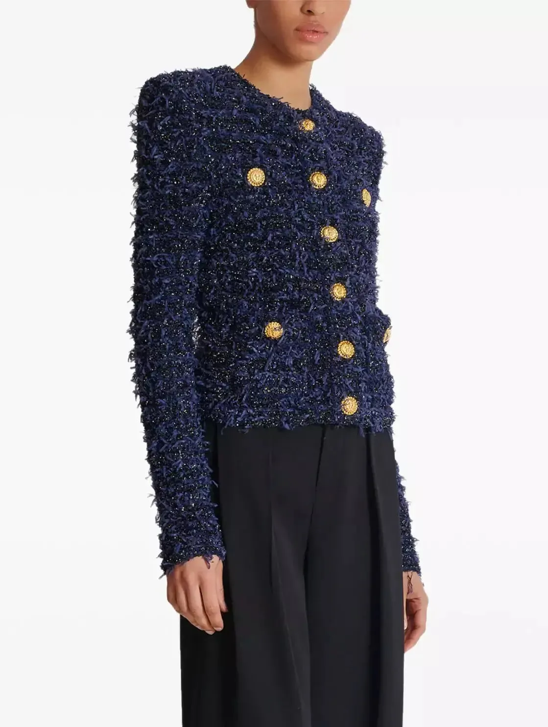 Women’s Blue and Black Tweed Knit Cardigan Jacket with Gold Buttons