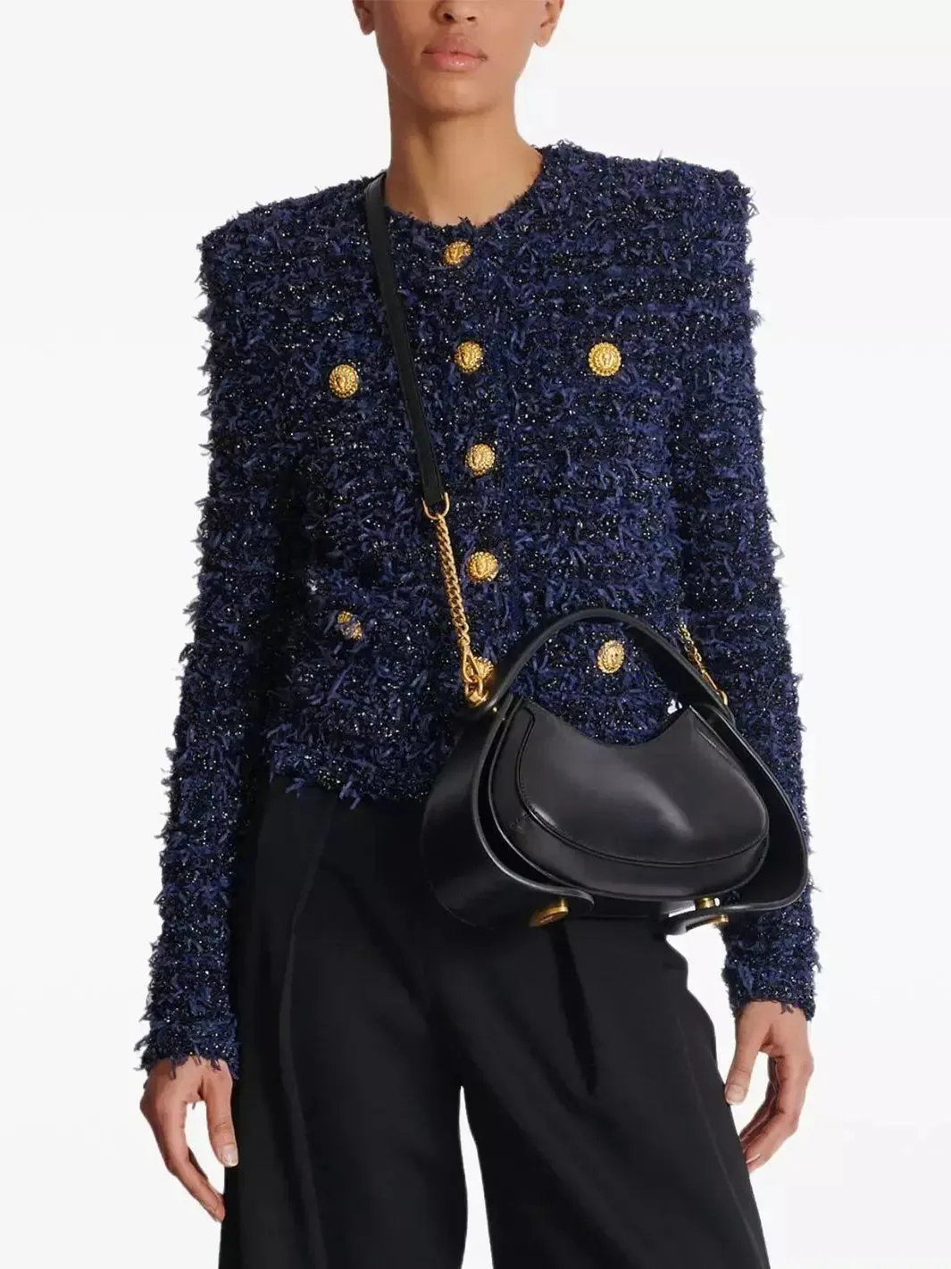 Women’s Blue and Black Tweed Knit Cardigan Jacket with Gold Buttons