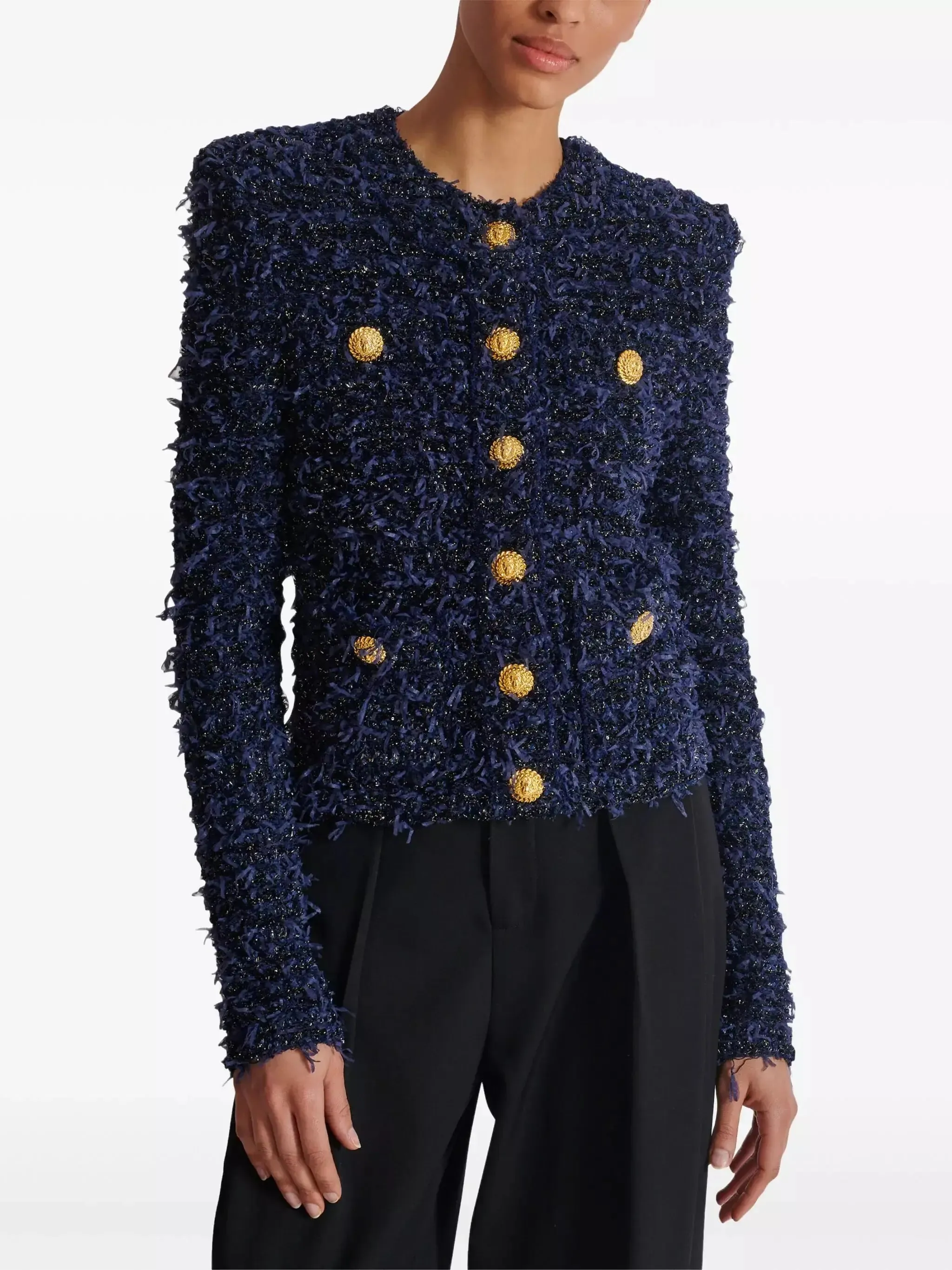 Women’s Blue and Black Tweed Knit Cardigan Jacket with Gold Buttons