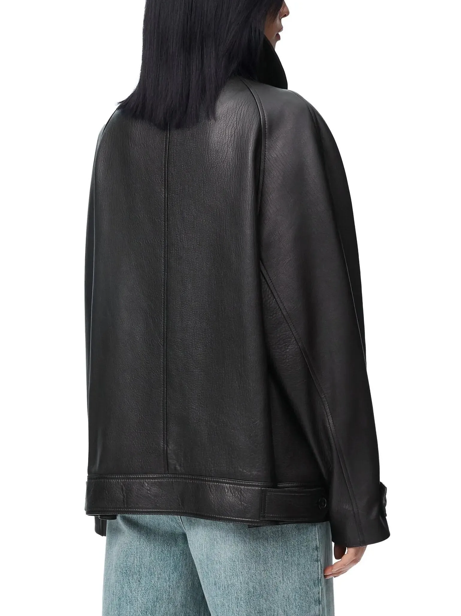 Women’s Bow-Detail Black Genuine Leather Double-Breasted Jacket