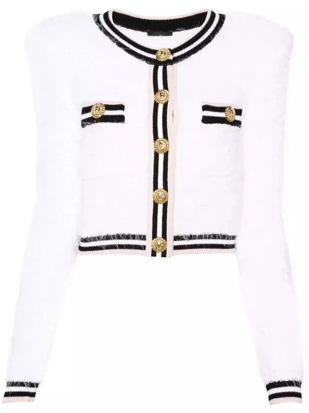 Women’s Button-Embellished White Boucle Tweed Cardigan Sweater