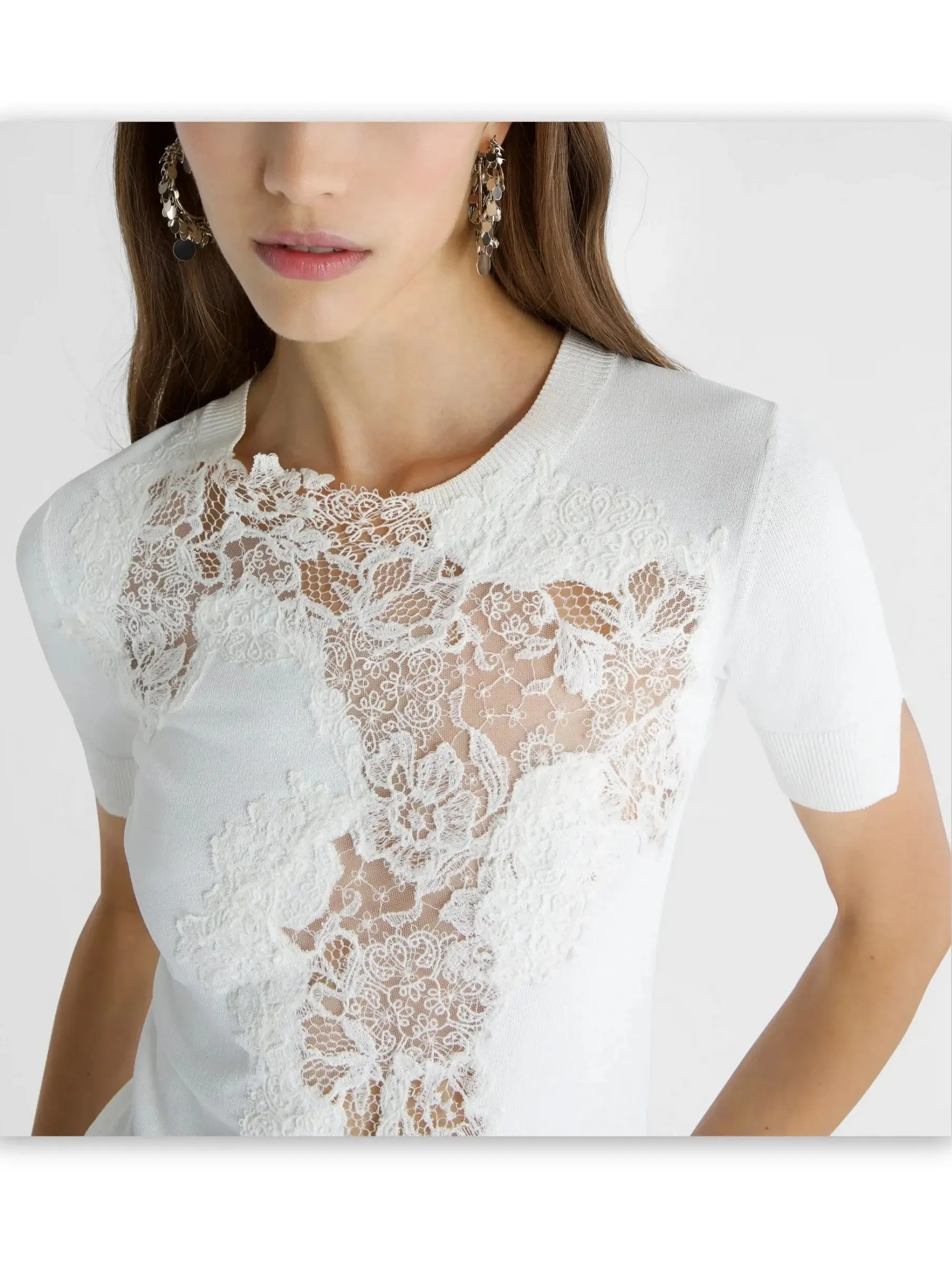 Women’s Cashmere-Blend Lace-Embroidered Short-Sleeve Sweater in White