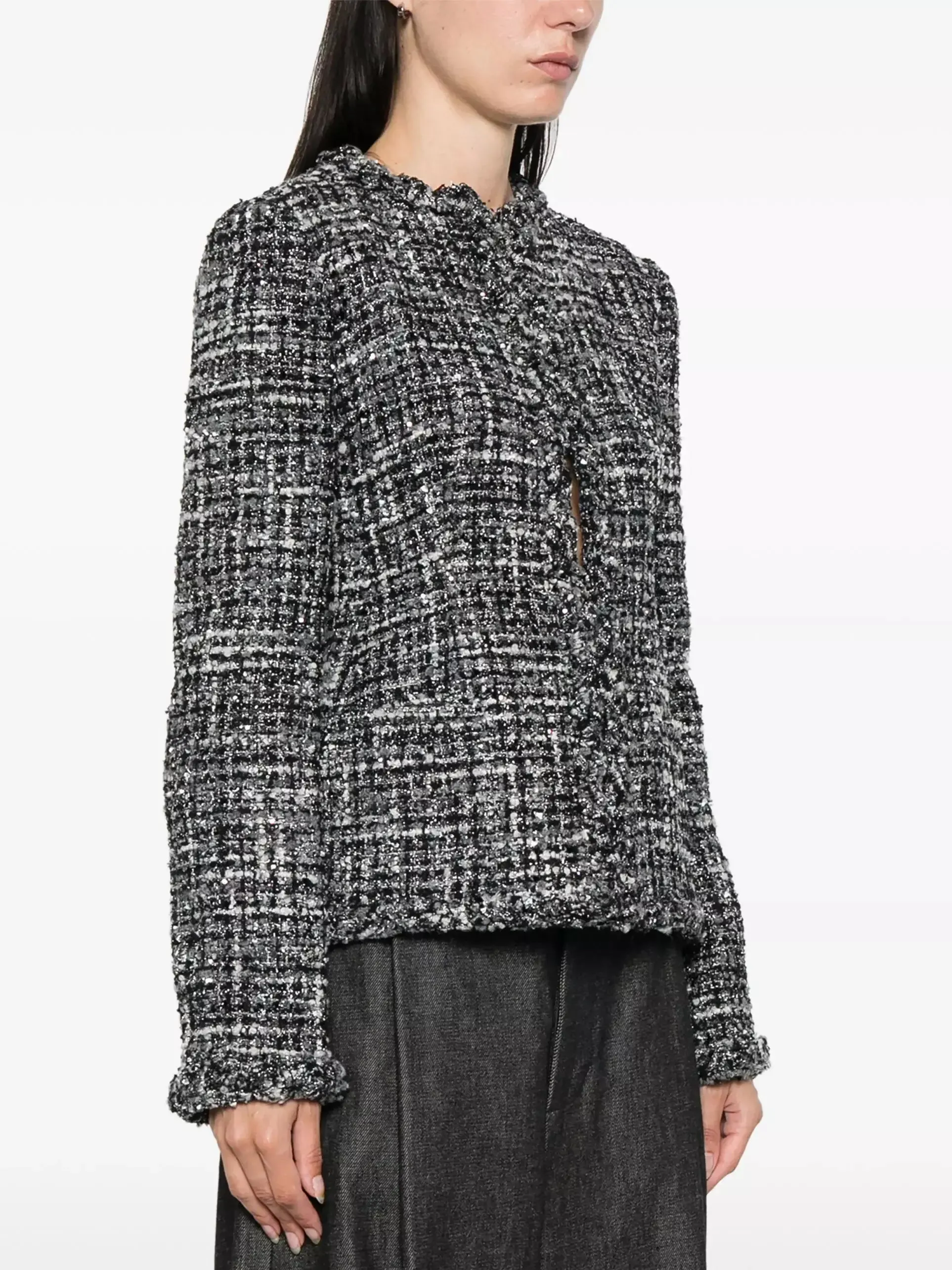 Women’s Collarless Black, White and Gray Tweed Jacket