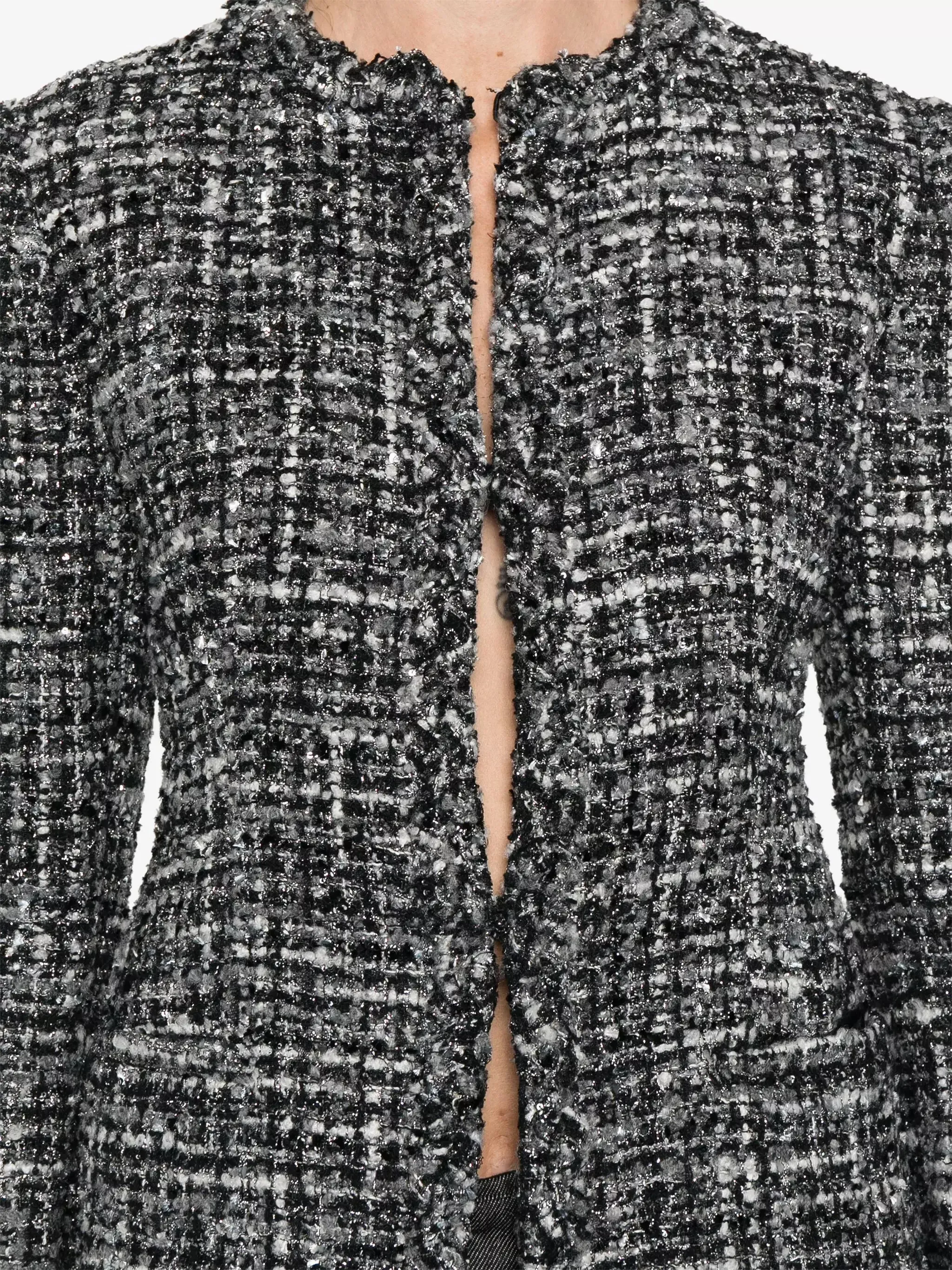 Women’s Collarless Black, White and Gray Tweed Jacket