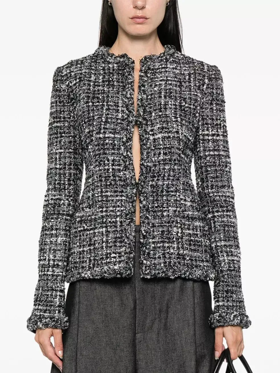 Women’s Collarless Black, White and Gray Tweed Jacket