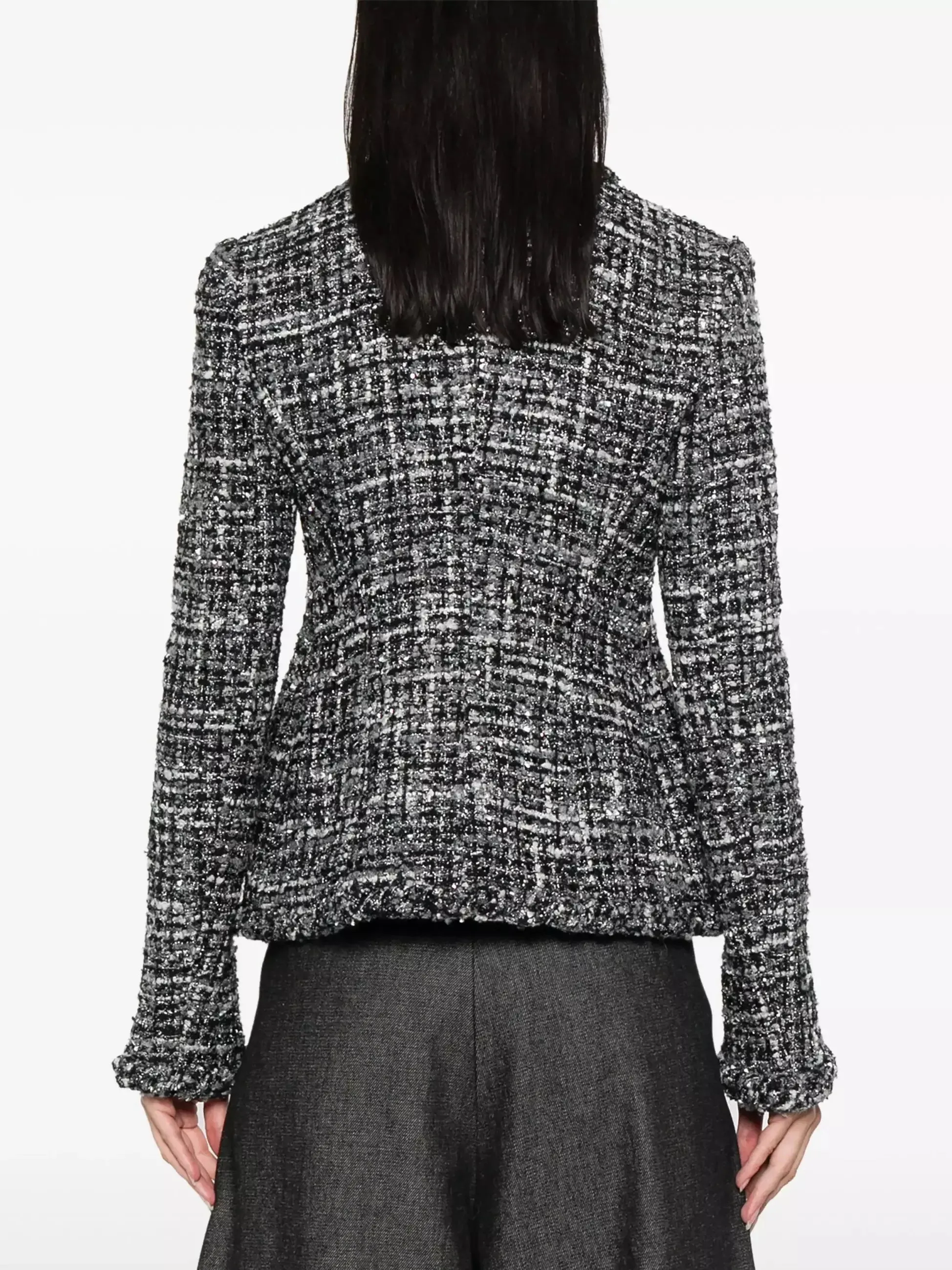 Women’s Collarless Black, White and Gray Tweed Jacket