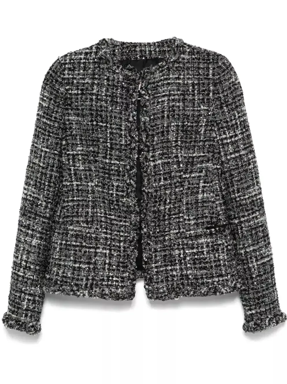 Women’s Collarless Black, White and Gray Tweed Jacket