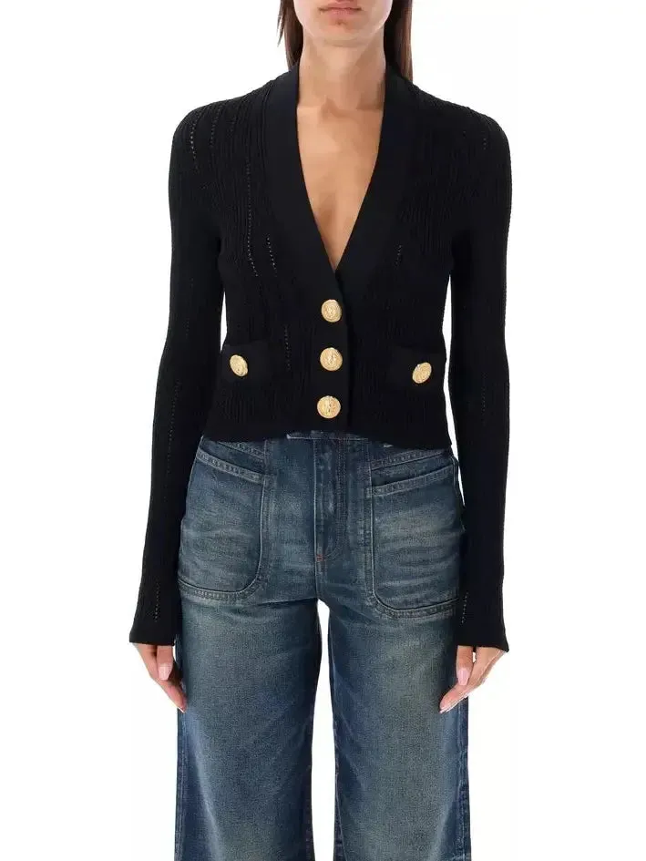 Women’s Cropped Knit Cardigan Sweater in Black