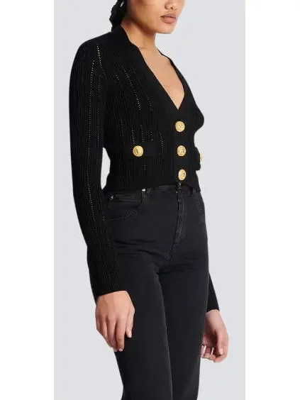 Women’s Cropped Knit Cardigan Sweater in Black